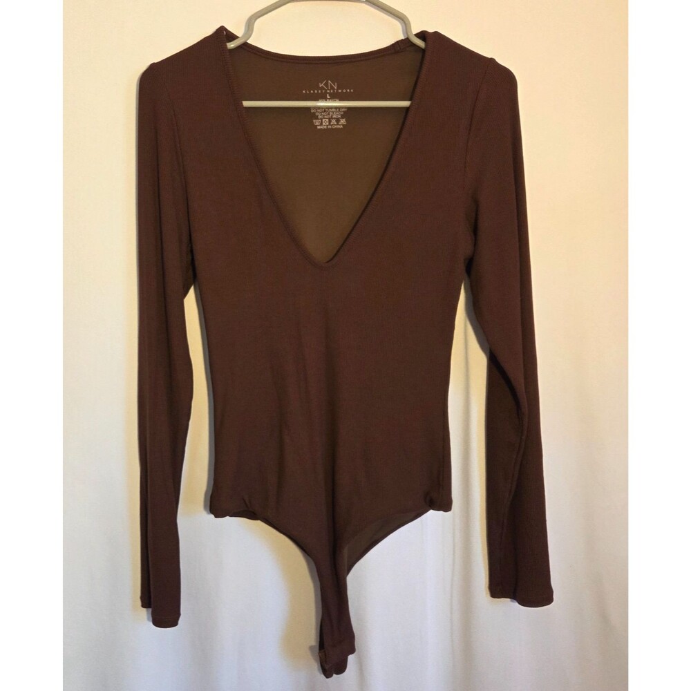Klassy Network Brown Ribbed Long Sleeve Bodysuit Women's Large Deep V Neck Stret